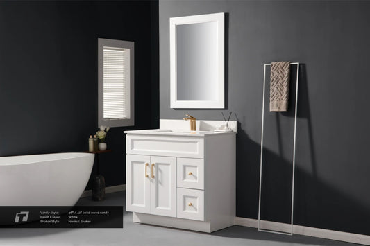 36″ Solid Wood White Shaker Style Vanity Ws36 With Quartz Top
