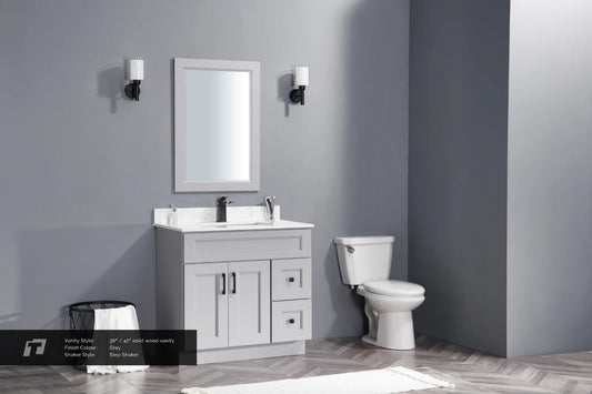 36″ Solid Wood Light Grey Shaker Style Vanity Gs36 With Quartz Top
