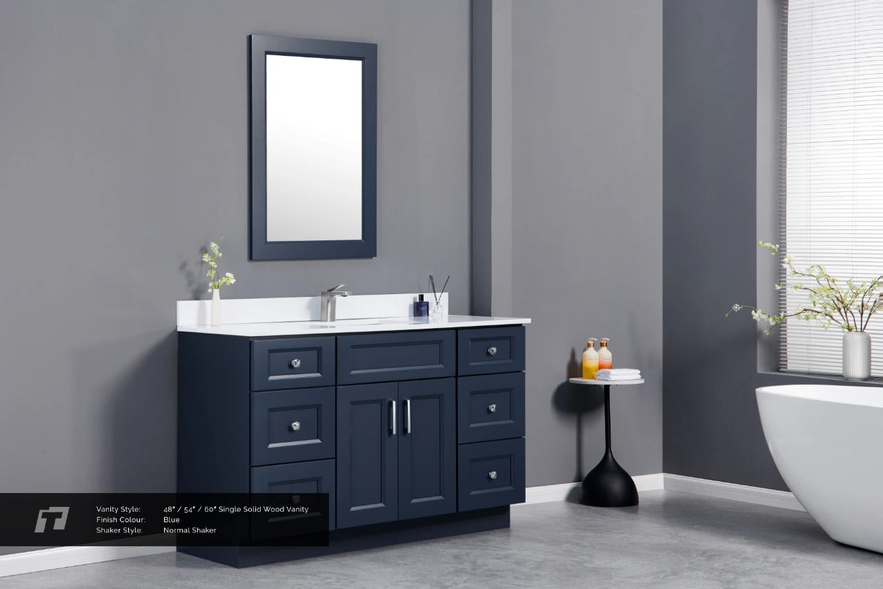 60" Inch Single Sink Solid Wood Blue Shaker Style Vanity With Quartz Top
