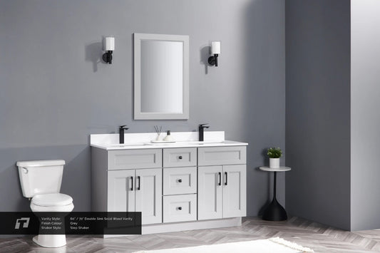 60" Inch Double Sink Solid Wood Light Grey Shaker Style Vanity Gs60dd With Quartz Top