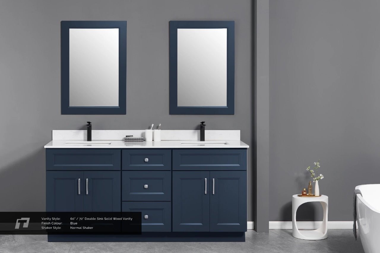 72" Inch Double Sink Solid Wood Blue Shaker Style Vanity With Quartz Top