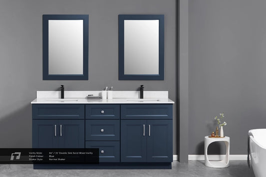 60" Inch Double Sink Solid Wood Blue Shaker Style Vanity With Quartz Top