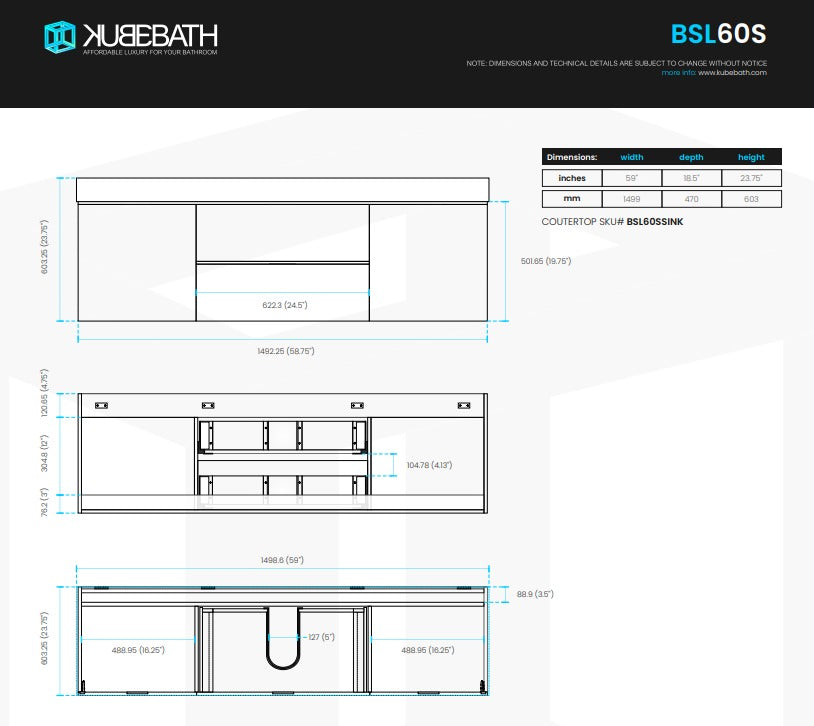 Bliss 60″ Inch Nature Wood Wall Mount Single Sink Modern Bathroom Vanity