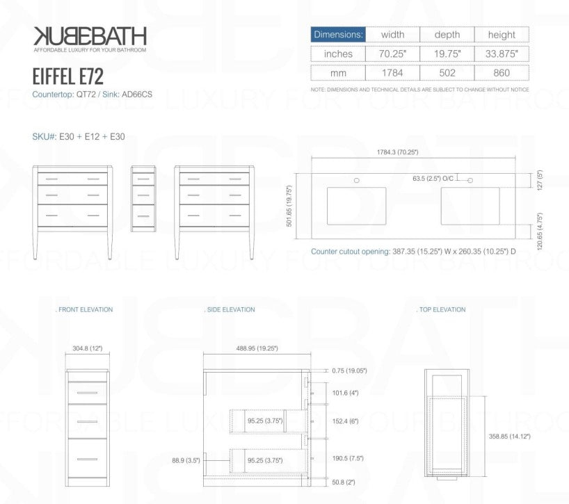 Eiffel 72″ Inch Double Sink High Gloss White Vanity W/ White Counter Top