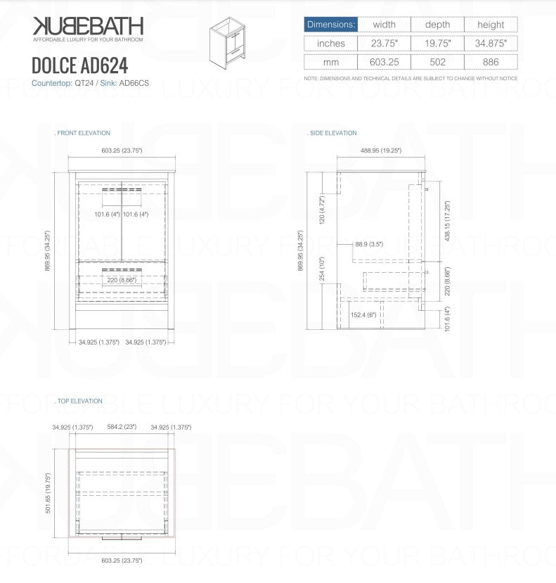 Kubebath Dolce 24″ Inch High Gloss White Modern Bathroom Vanity With Quartz Countertop