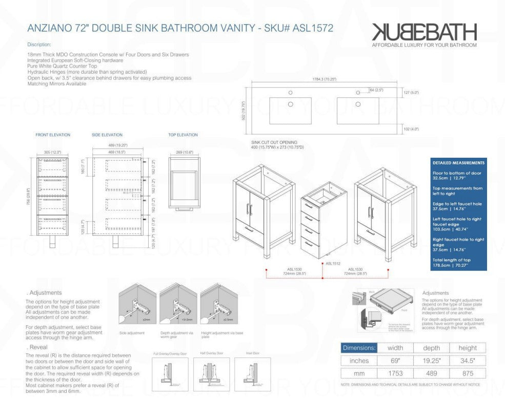 Anziano 72″ Inch High Gloss White Double Sink Vanity W/ White Countertop