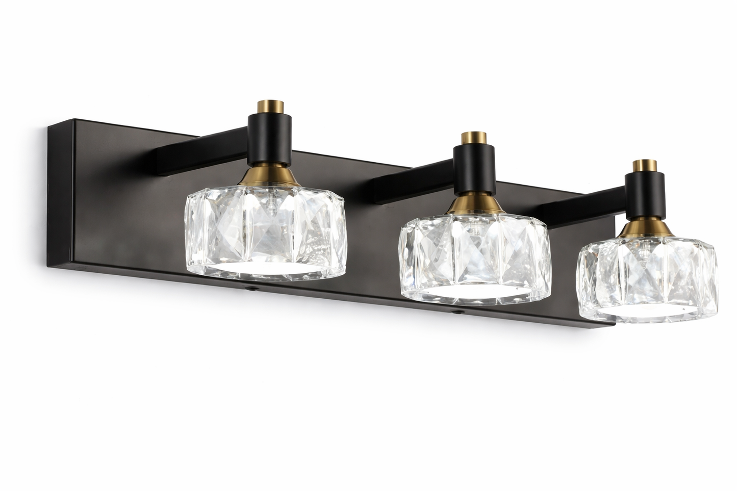 Modern 3-Light Vanity Light with Crystal Glass Shades – Matte Black & Brass