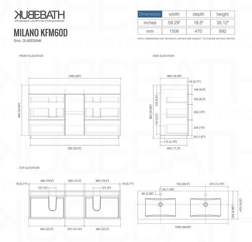 Milano 60″ Inch Double Sink Nature Wood Floor Mount Modern Bathroom Vanity