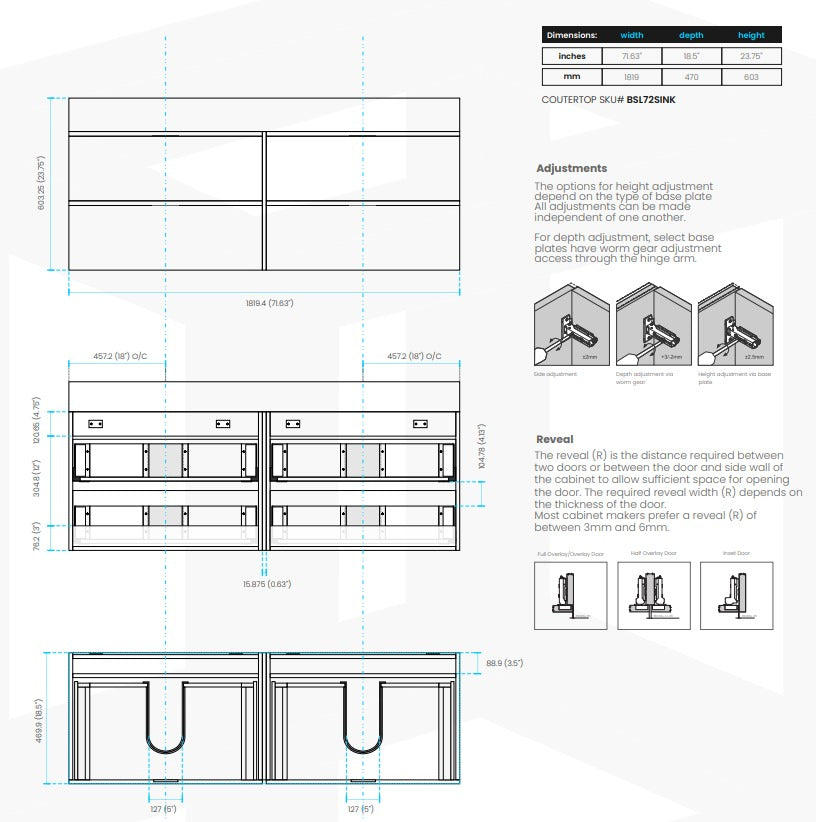 Bliss 72″ Vulcan Ash Grey Wall Mount Double Sink Modern Bathroom Vanity
