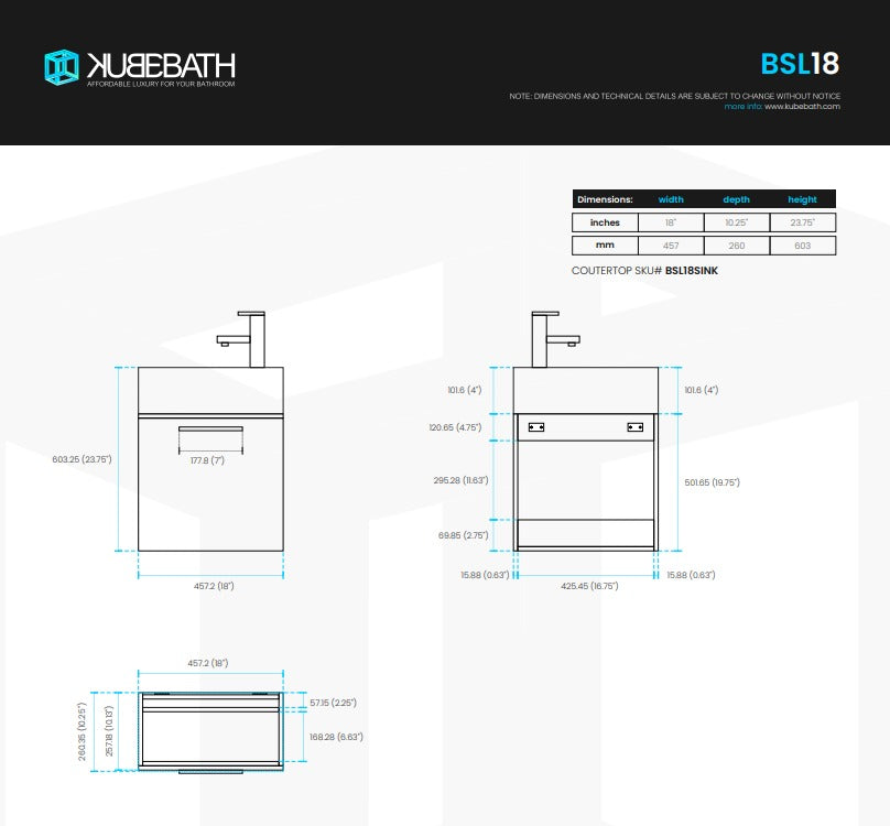 Bliss 18″ Inch High Gloss White Wall Mount Modern Bathroom Vanity