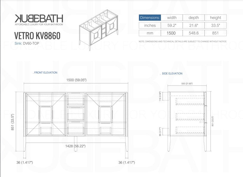 Vetro 60″ Inch Gloss White Vanity W/ Quartz Counter Top