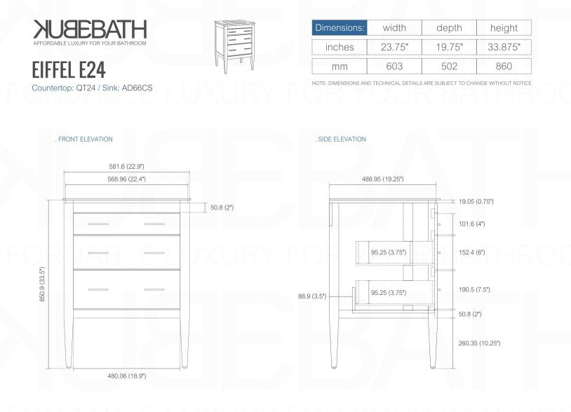 Eiffel 24” Inch High Gloss White Vanity W/ White Counter Top