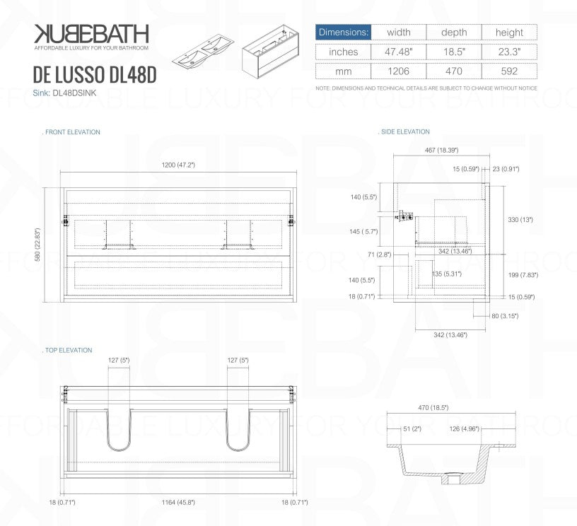 De Lusso 48″ Inch Double Sink Ash Gray Wall Mount Modern Bathroom Vanity