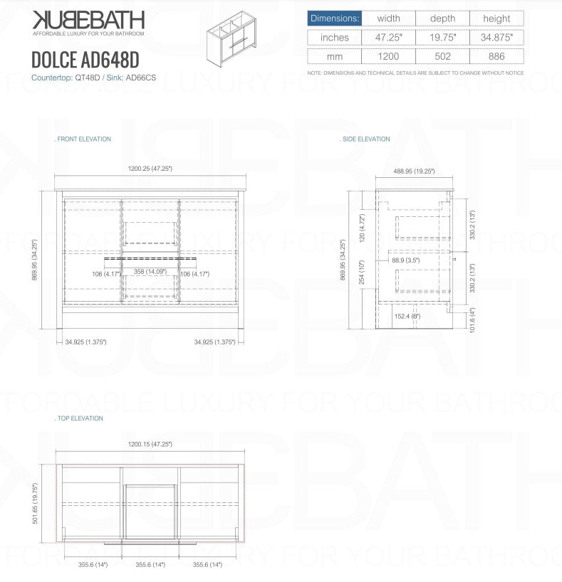 Kubebath Dolce 48″ Inch Double Sink Ash Gray Modern Bathroom Vanity With Quartz Countertop