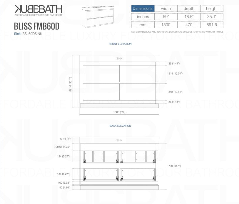 Bliss 60″ Inch Double Sink High Gloss White Free Standing Modern Bathroom Vanity