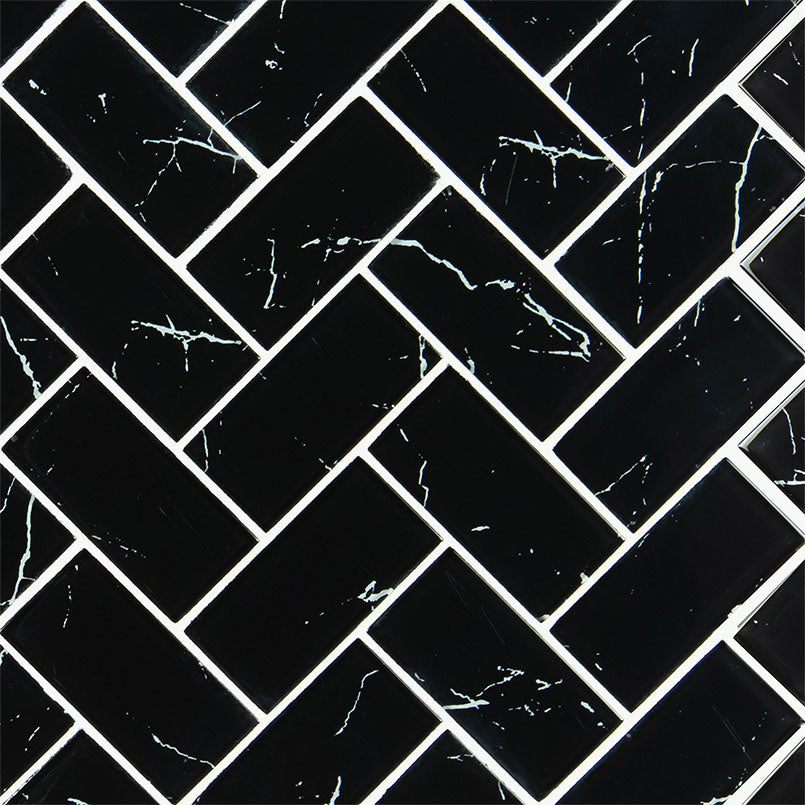 NERO MARQUINA GLASS 2X4 HERRINGBONE
