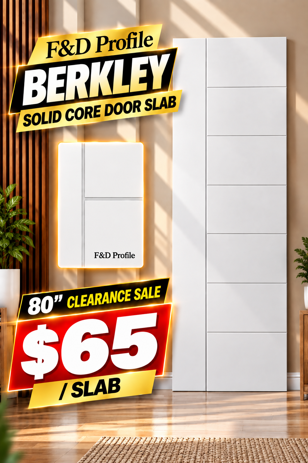 F&D Profile Berkley Solid Core Door Slab – 80" | Clearance Sale – $65/Slab