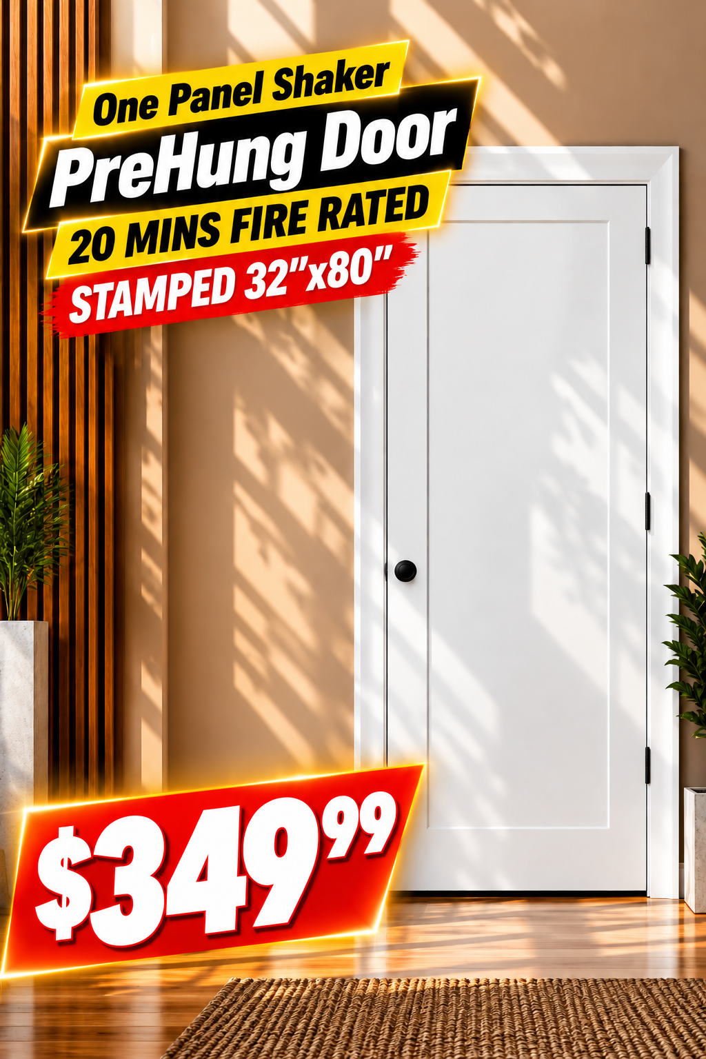 One Panel Shaker Prehung 20 Mins Fire Rated Door Stamped