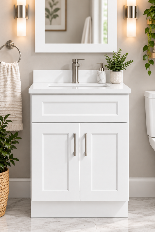 24" Inch Solid Wood White Shaker Style Vanity Ws24 With Quartz Top