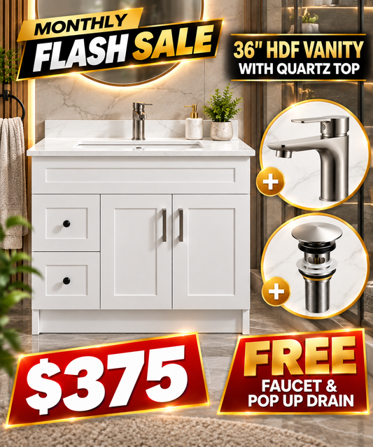 36" HDF Vanity With Quartz Top With Free Faucet & a Pop up Drain.
