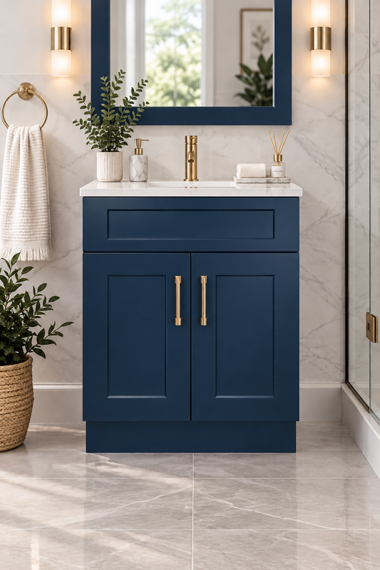 24″ Solid Wood Blue Shaker Style Vanity With Quartz Top