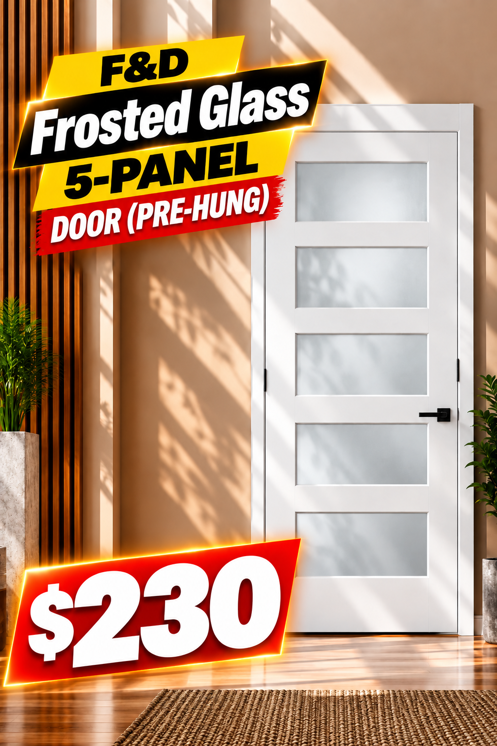 F&D Frosted Glass 5-Panel Door (Pre-Hung)