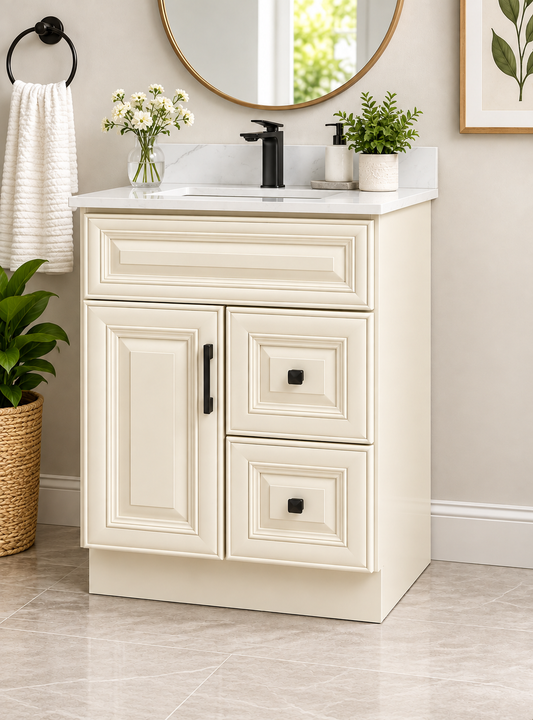 30″ Solid Wood Ivory White Classic Style Vanity Ic30 With Quartz Top