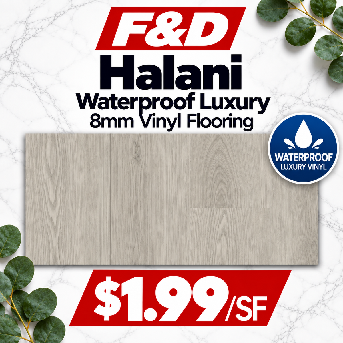 Halani Waterproof Luxury 8mm Vinyl Flooring @1.99/sf