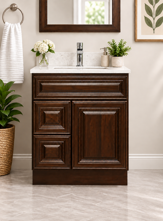 30″ Solid Wood Dark Walnut Classic Style Vanity Dc30 With Quartz Top