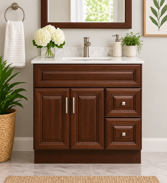 36″ Solid Wood Dark Walnut Classic Style Vanity Dc36 With Quartz Top