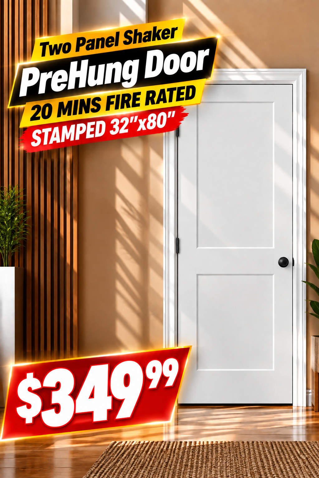 Two Panel Shaker PreHung 20 Mins Fire Rated Door Stamped