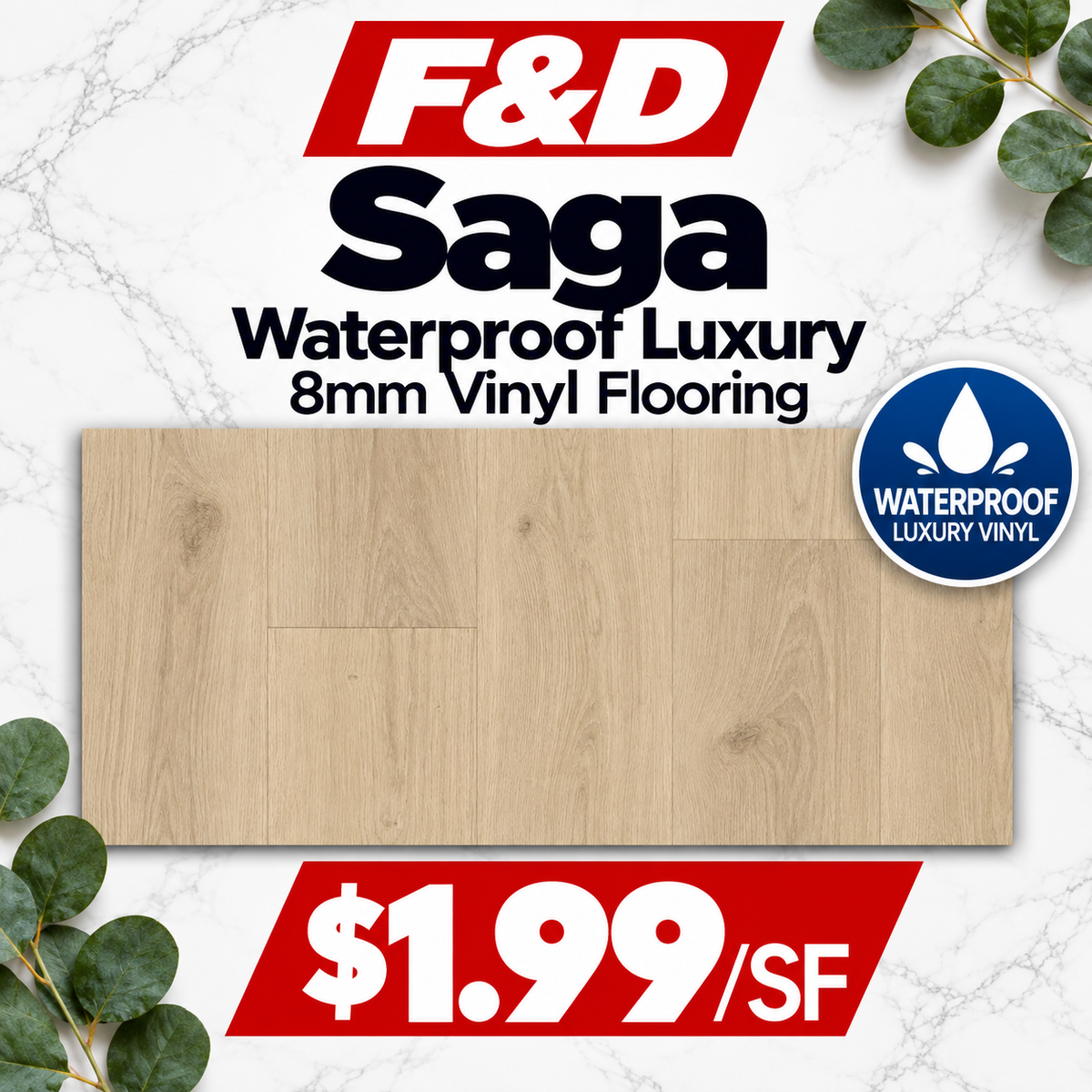 Saga Waterproof Luxury 8mm Vinyl Flooring @1.99/sf