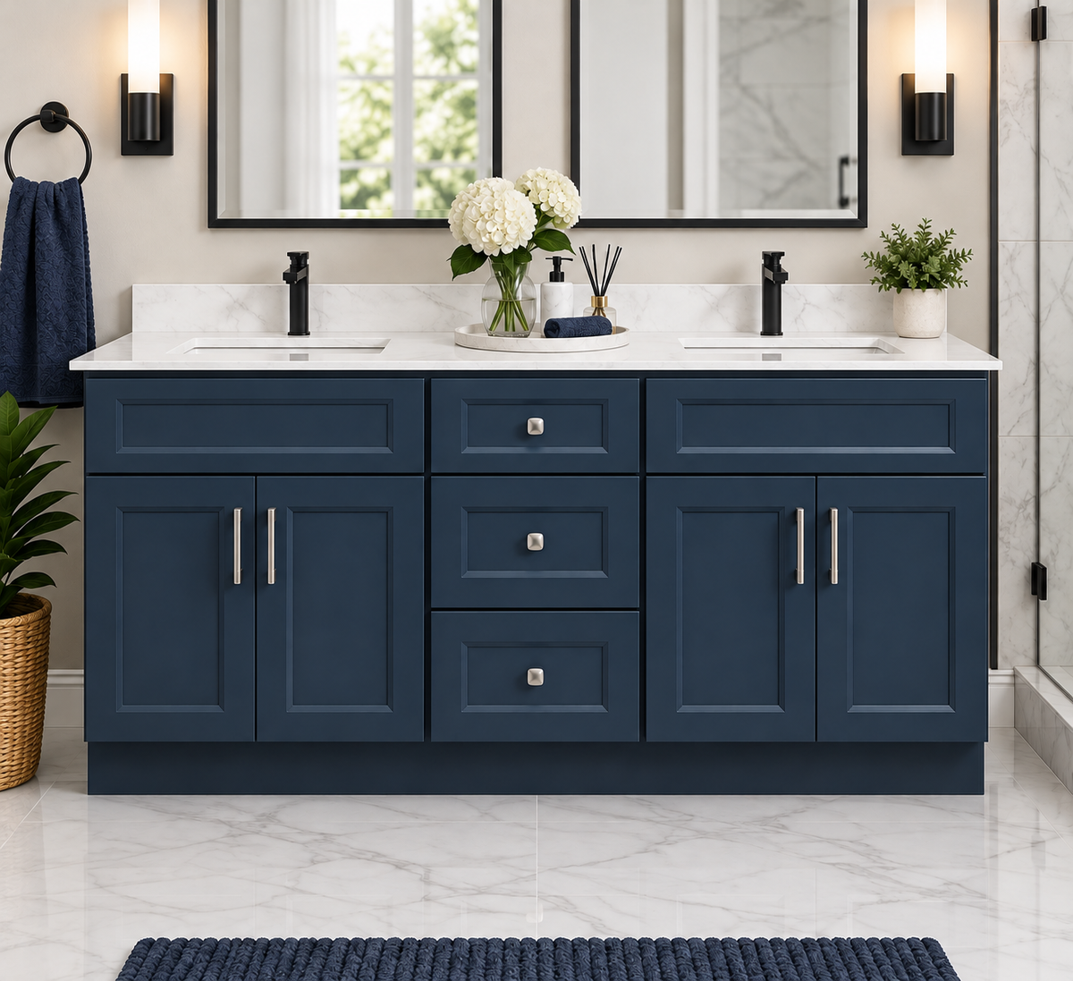 72" Inch Double Sink Solid Wood Blue Shaker Style Vanity With Quartz Top