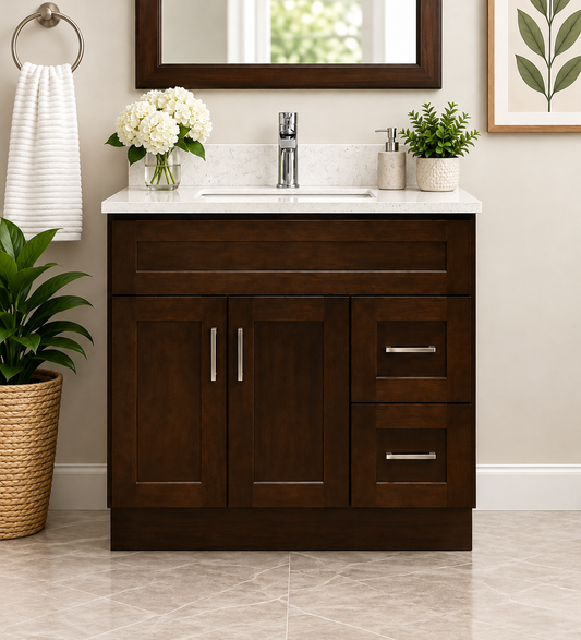 36″ Solid Wood Dark Walnut Shaker Style Vanity Ds36 With Quartz Top