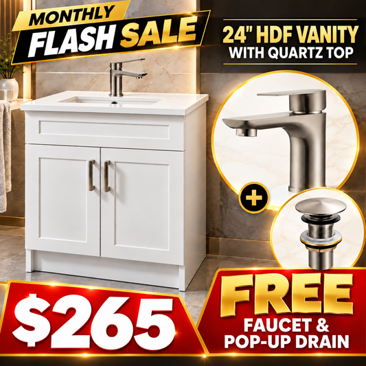 24" HDF Vanity With Quartz Top With Free Faucet & a Pop up Drain.