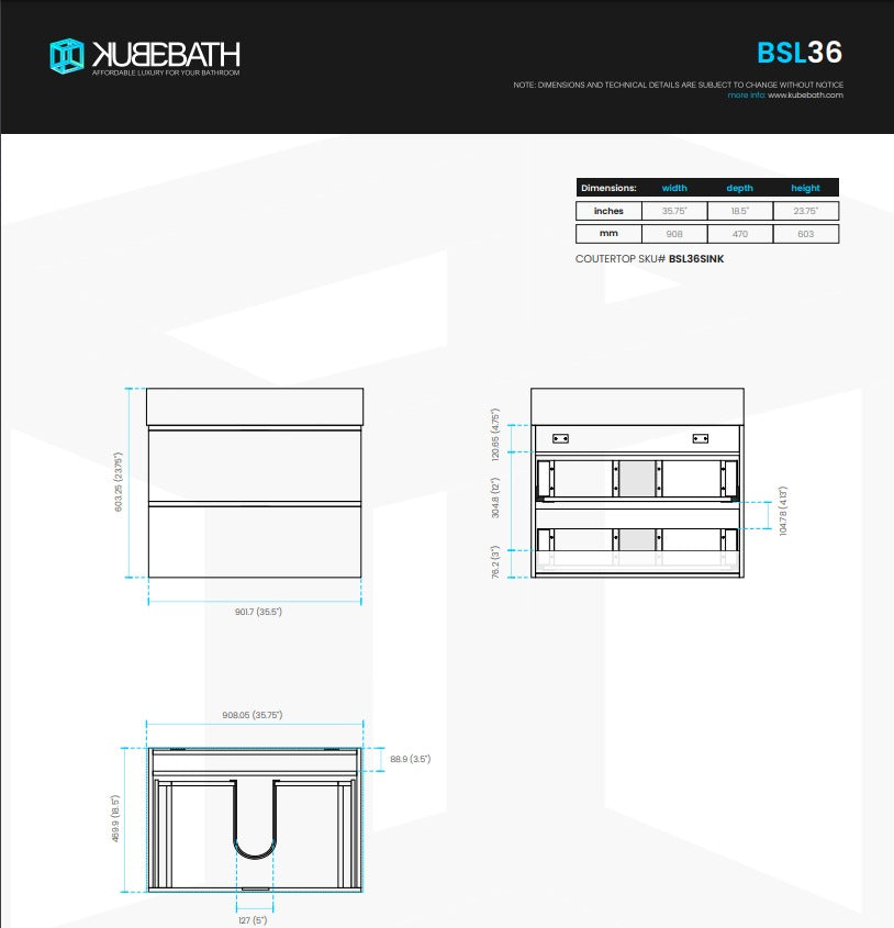 Bliss 36″ Inch Black Wall Mount Modern Bathroom Vanity