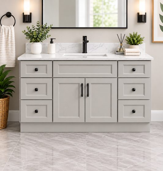 60" Inch Single Sink Solid Wood Light Grey Shaker Style Vanity With Quartz Top