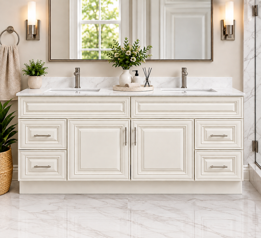 72" Inch Double Sink Solid Wood Ivory White Classic Style Vanity Ic72 With Quartz Top
