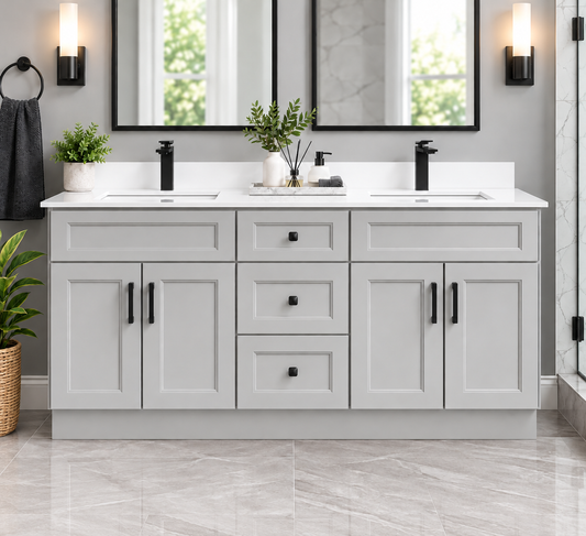 72" Inch Double Sink Solid Wood Light Grey Shaker Style Vanity Gs72  With Quartz Top