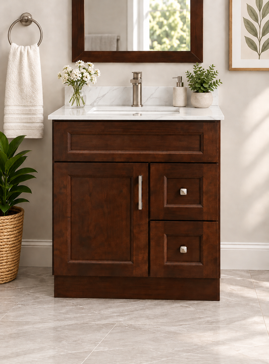 30″ Solid Wood Dark Walnut Shaker Style Vanity Ds30 With Quartz Top