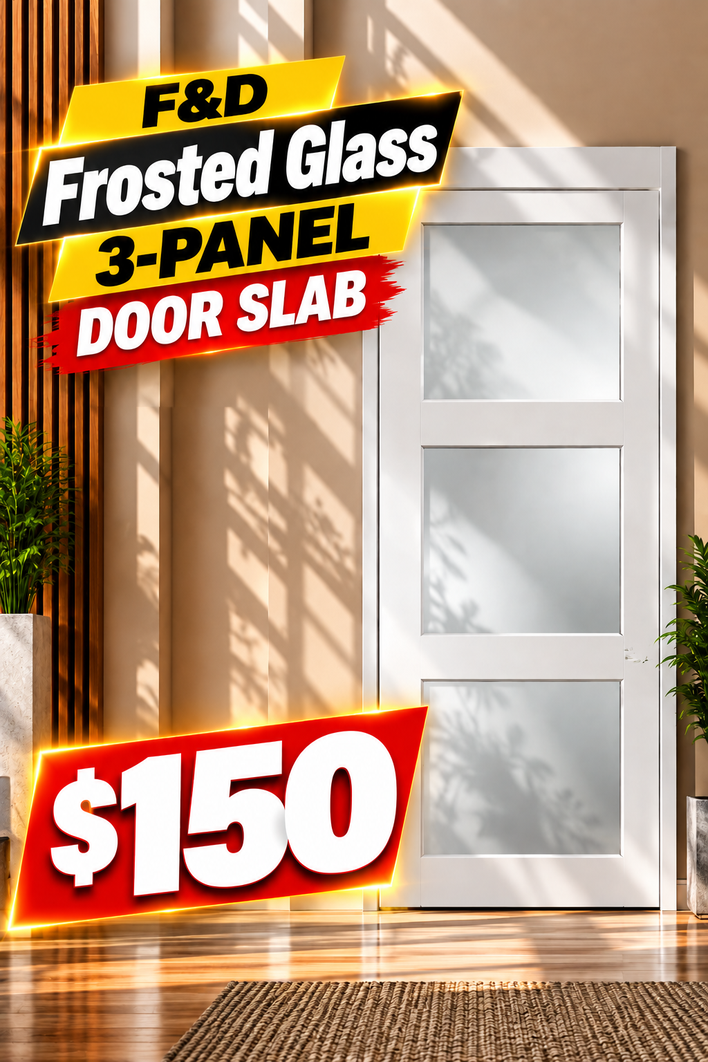 F&D Frosted Glass 3-Panel Door Slab