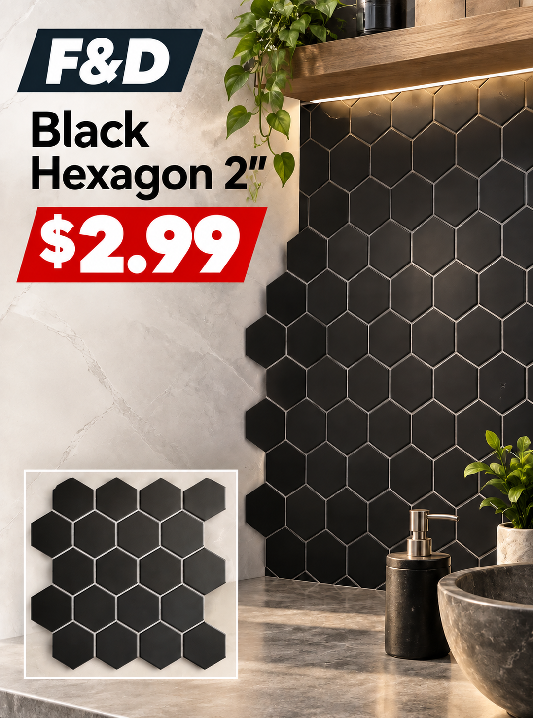 F&D Black Hexagon 2"