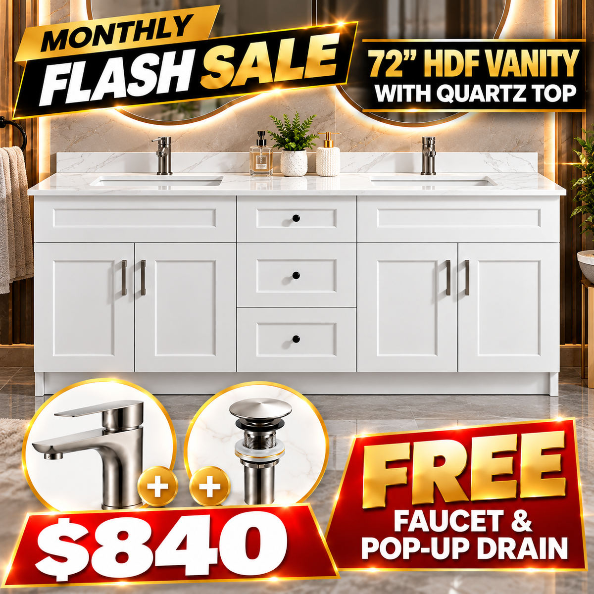 72" HDF Vanity With Quartz Top  – With Two Free Faucets & Two Pop-Up Drains