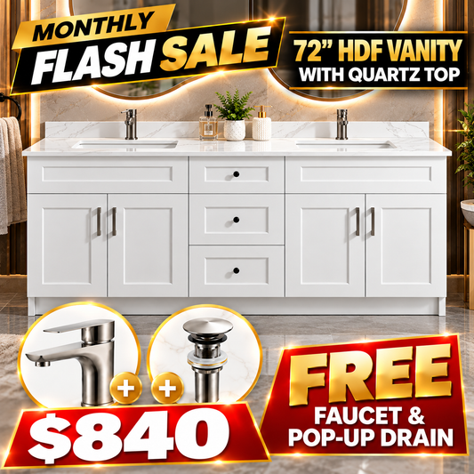 72" HDF Vanity With Quartz Top  – With Two Free Faucets & Two Pop-Up Drains