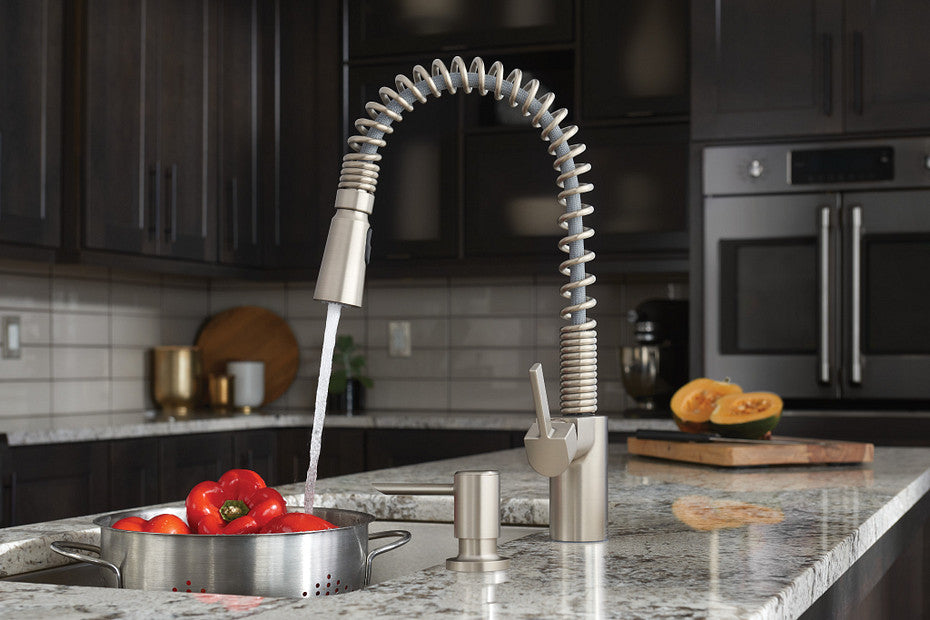 Moen MN-87355 1 Lever Handle 1 Or 3 Hole IRVINE High Arc Spring Pull-Down Kitchen Faucet Chrome 2-Spray With Soap Dispenser ADA