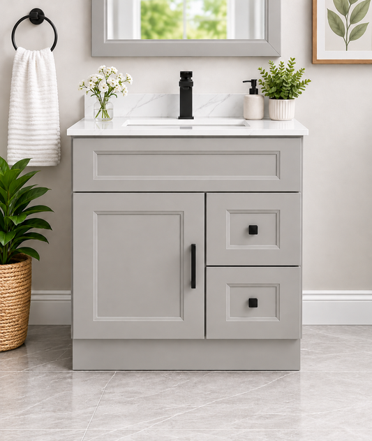 30″ Solid Wood Light Grey Shaker Style Vanity Gs30 With Quartz Top