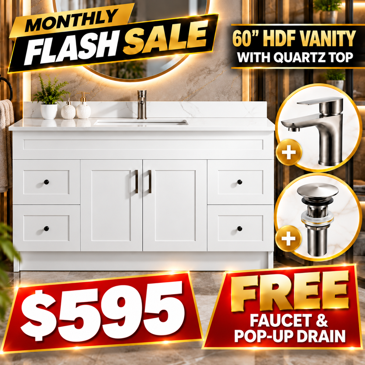 60" HDF Vanity With Quartz Top With Free Faucet & a Pop up Drain
