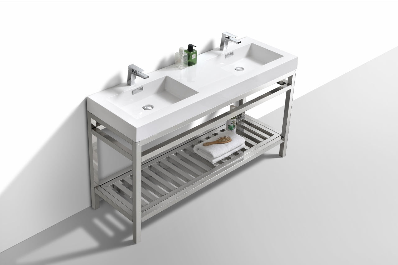 Cisco 60″ Inch Double Sink Stainless Steel Console W/ White Acrylic Sink – Chrome