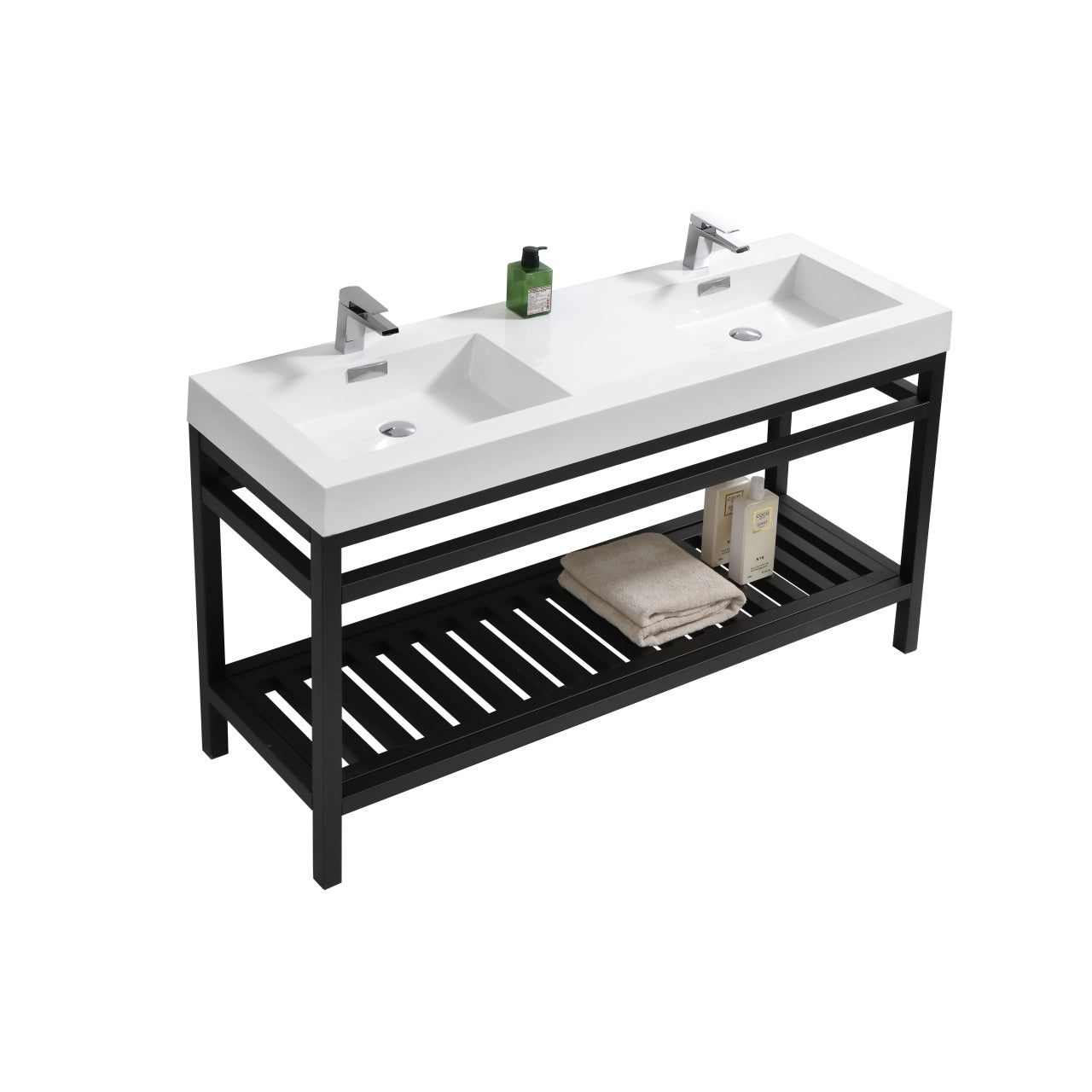 Cisco 60′′ Inch Double Sink Stainless Steel Console W/ White Acrylic Sink – Matte Black