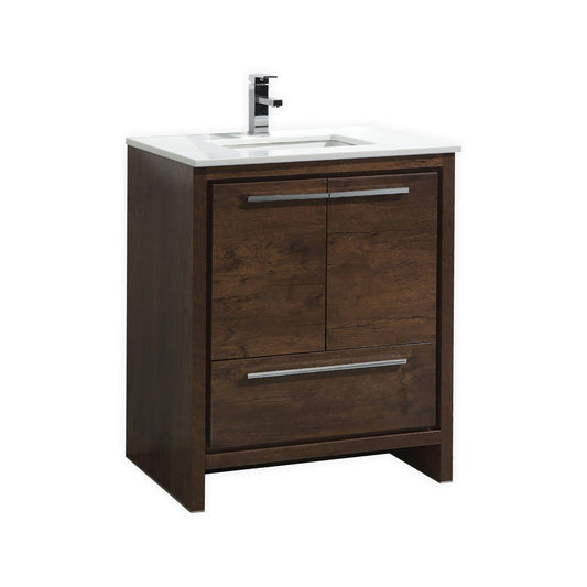 Kubebath Dolce 30″ Inch Rose Wood Modern Bathroom Vanity With Quartz Countertop